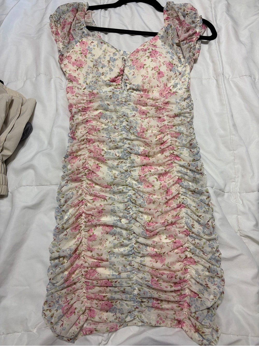 Floral Ruched Sweetheart Mini Dress - Pink & Blue